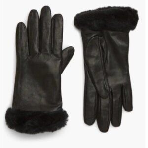 UGG Shorty Shearling-Cuff Leather Tech Gloves Black Cashmere Lined Touchscreen S